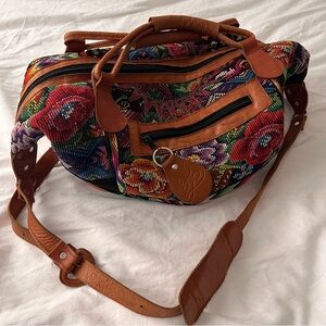 Vintage Needlework Travel Bag Colorful Duffle Weekender with Leather Trim